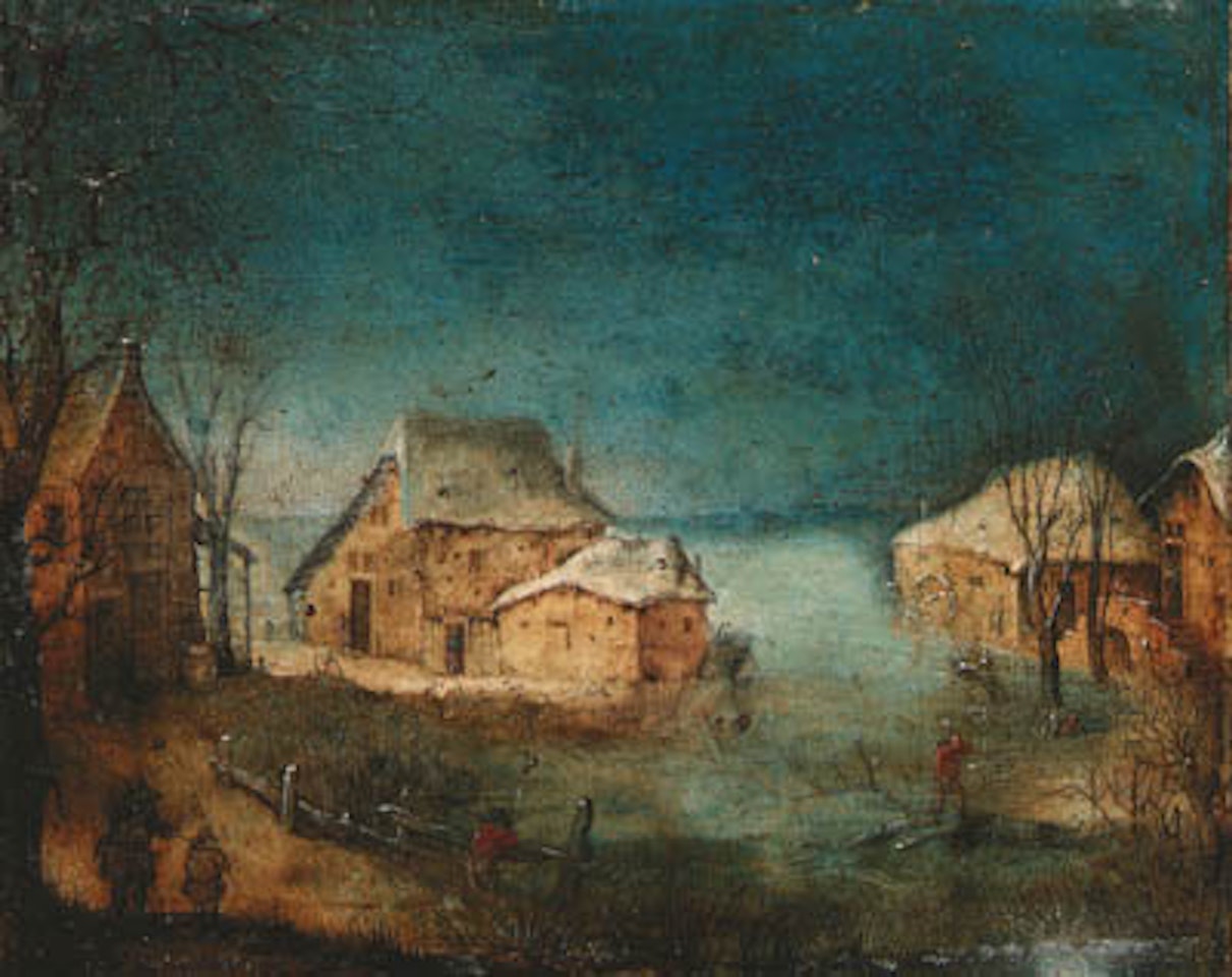 Coastal winter landscape and village. Wooded landscape by manor house by Adriaen van Stalbemt