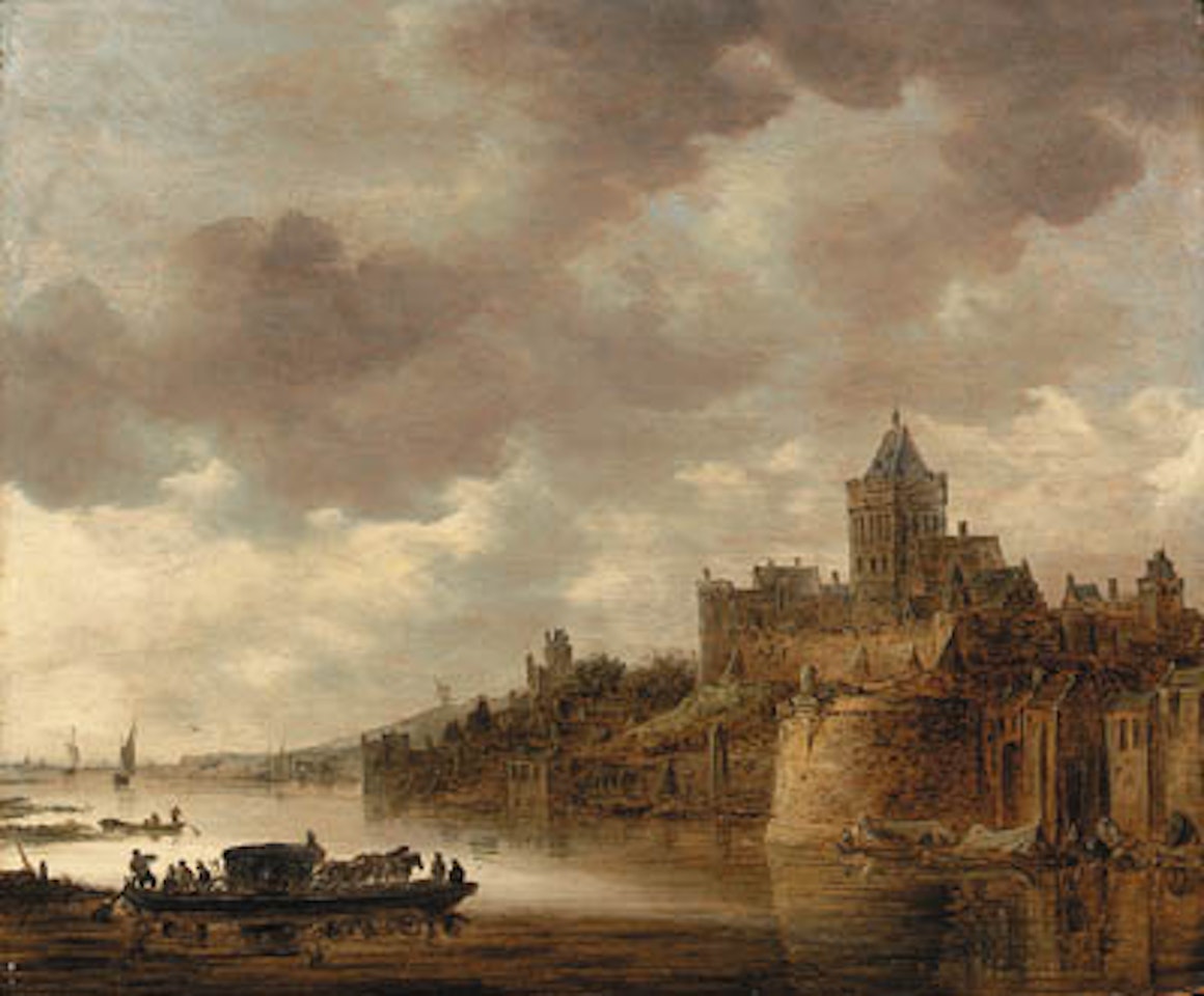 Valkhof at Nijmegen with coach and horses on ferry on river Waal by Jan van Goyen