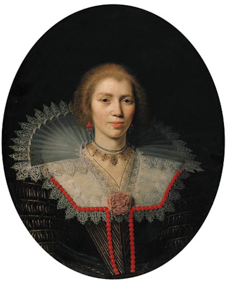 Portrait of lady, bust-length in gold brocaded black dress by Paulus Moreelse