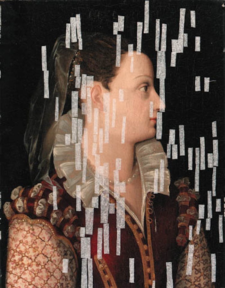 Portrait of lady in red dress with pearl encrusted sleeves by Bronzino