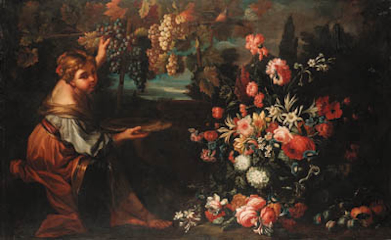 Girl picking grapes. Girl and infant arranging still life. by Abraham Brueghel by Francesco Solimena