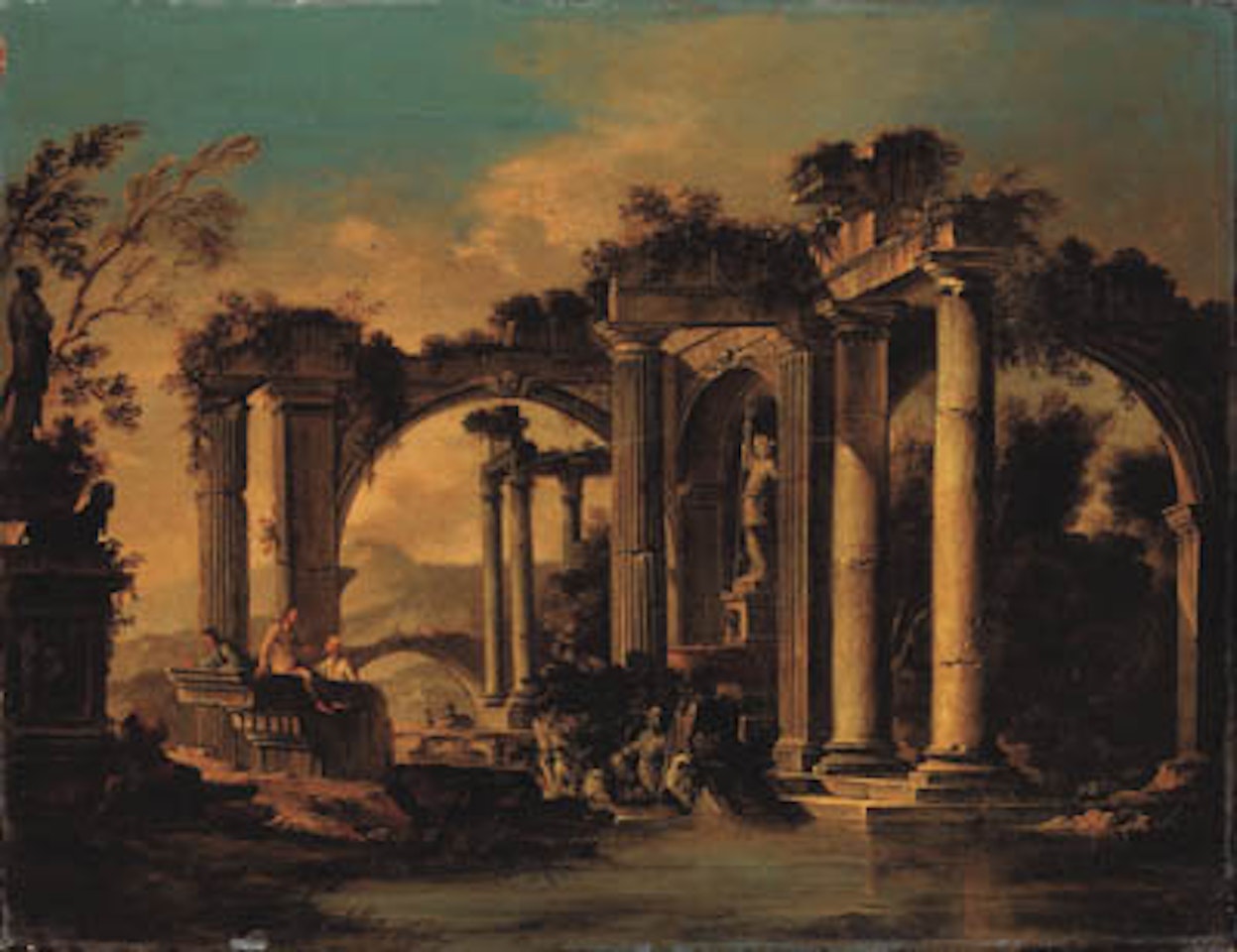 Capricci of lakeside classical ruins with peasants by Viviano Codazzi
