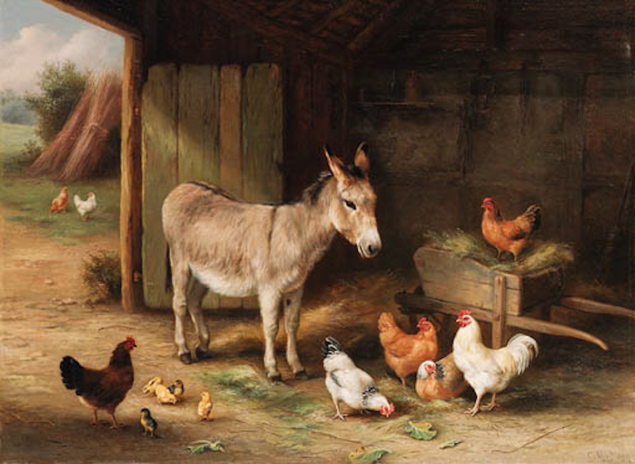 Donkey, hens and chickens in barn by Edgar Hunt