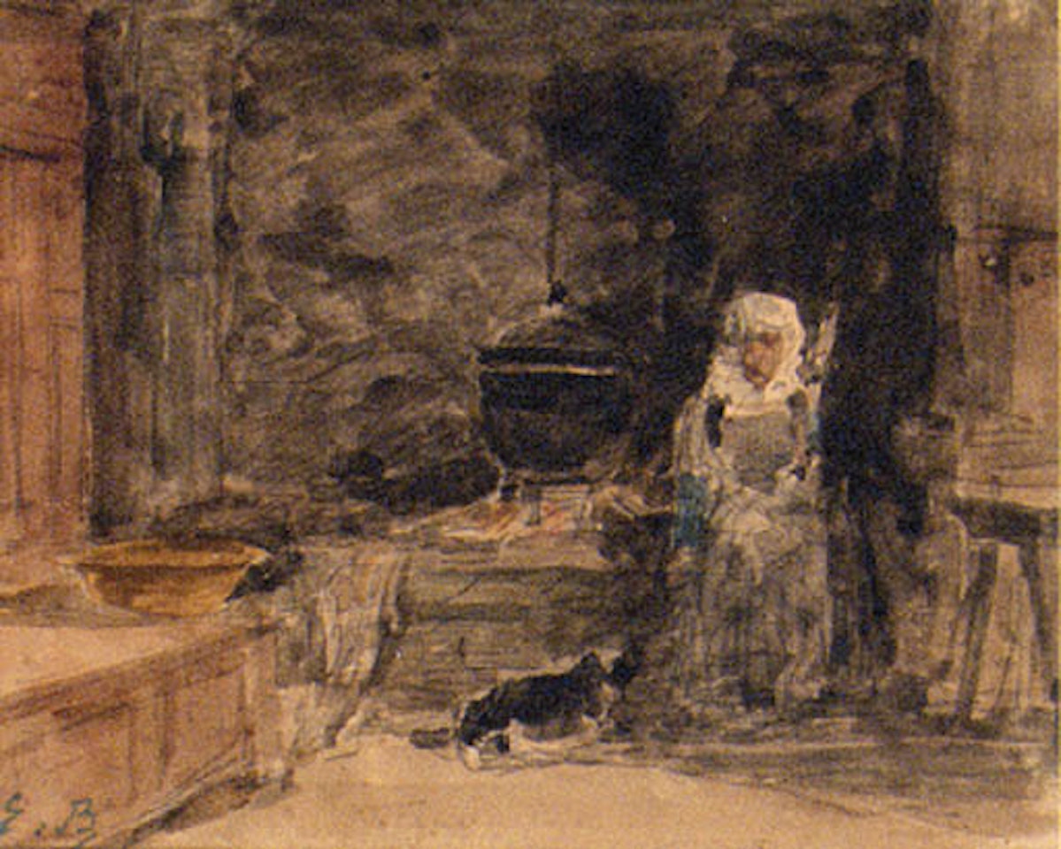 Elderly lady in kitchen by Eugène Boudin