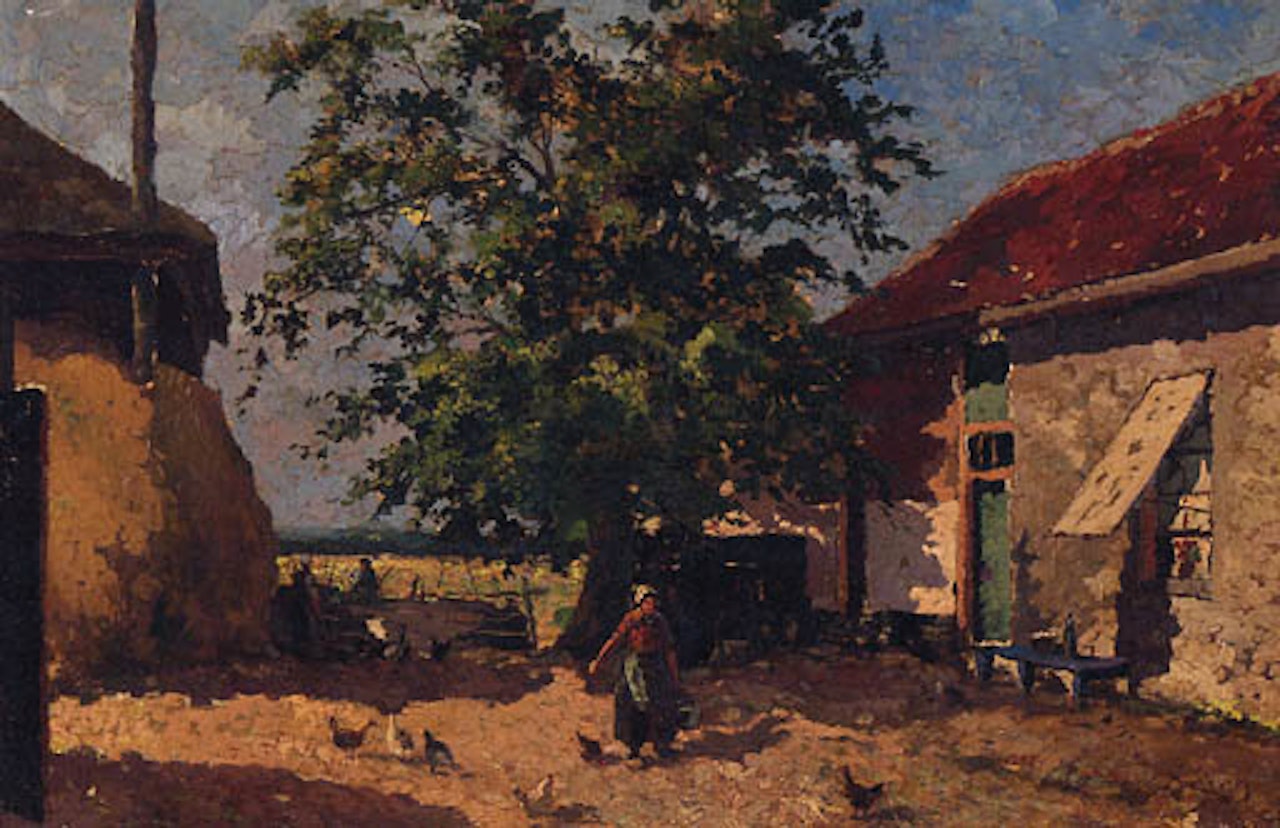 Feeding chickens in farmyard by Michael von Munkacsy