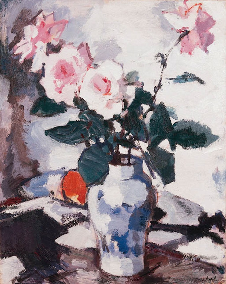 Pink roses in blue and white vase with fan and apple by Samuel John Peploe
