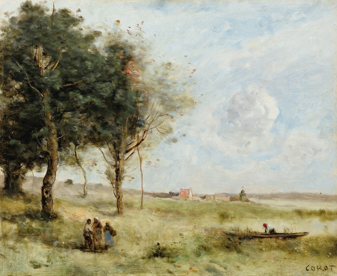 Landscapes with peasants, a fisherman beyond by Jean Baptiste Camille Corot