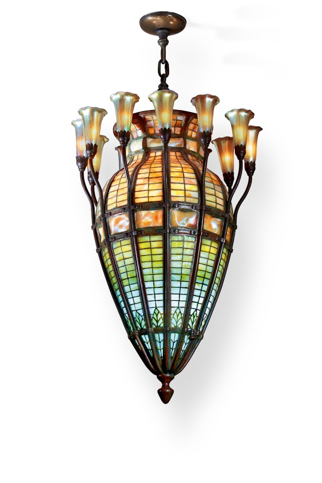 Twelve-Light "Turtle-Back and Lily" Chandelier by Tiffany Studios