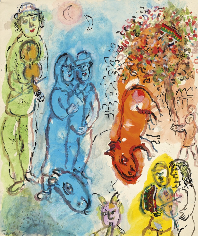 Musiciens à la campagne autour des boucs bleu et rouge by Marc Chagall