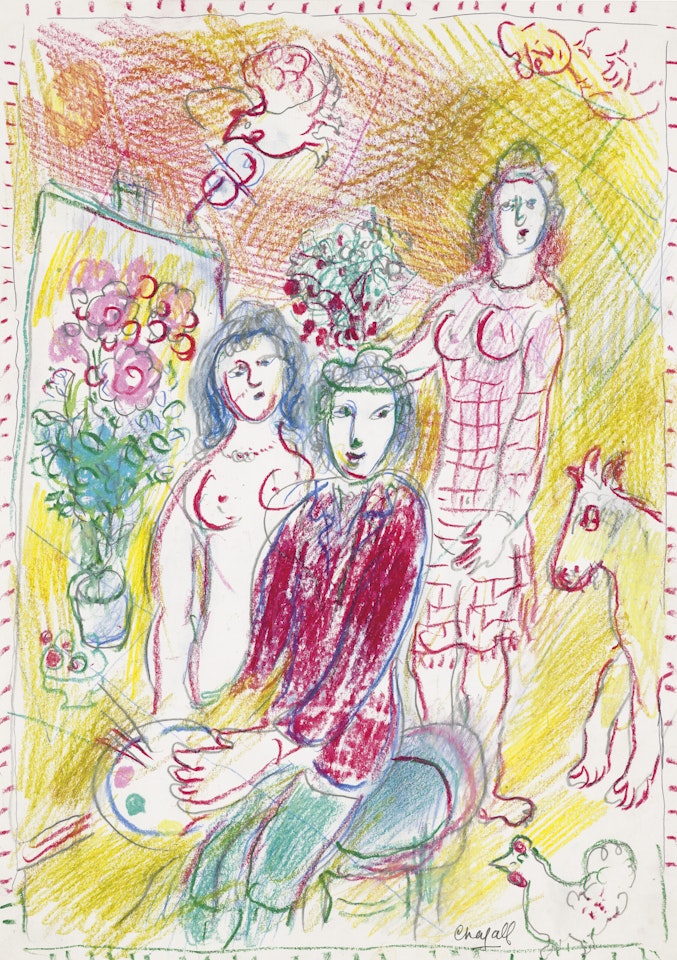 Visite dans l'atelier du peintre sur fond jaune by Marc Chagall