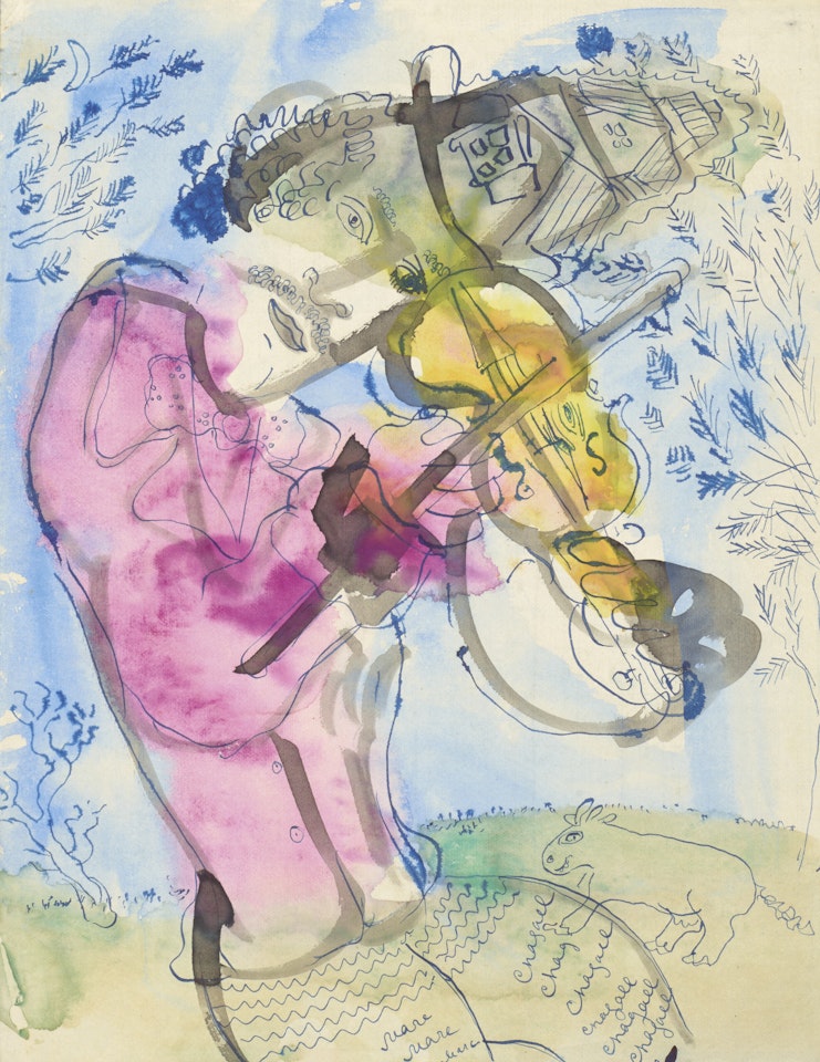 Le Violoniste en veste mauve portant sa maison sur sa tête by Marc Chagall