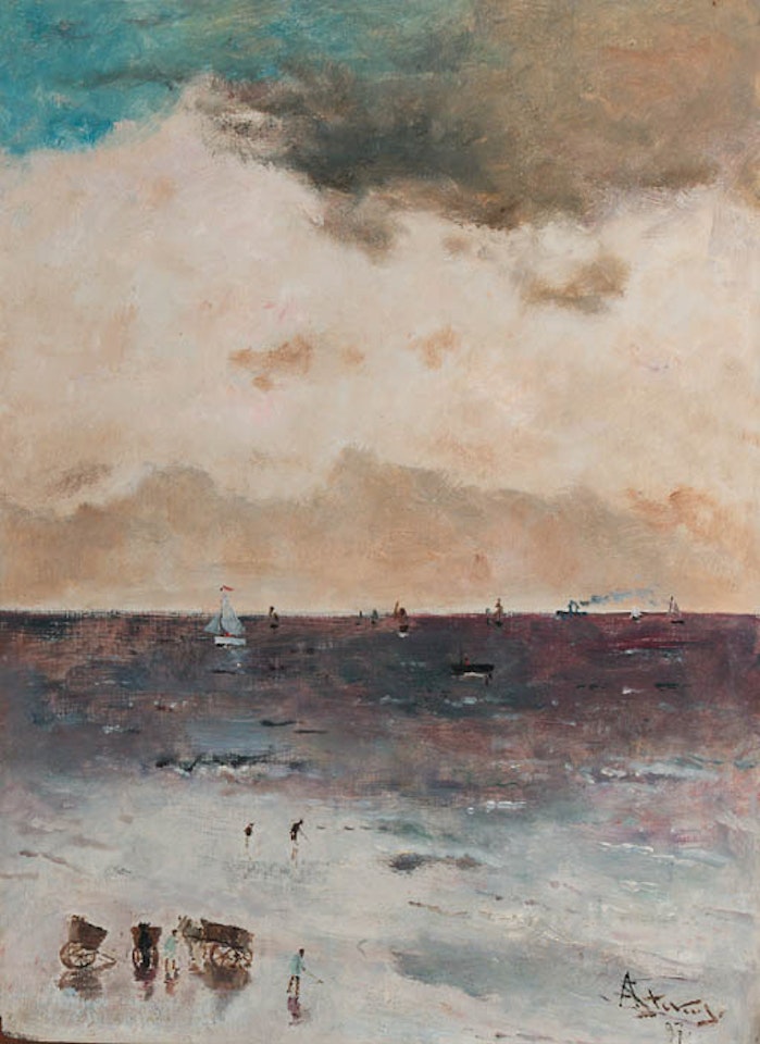Coastal view with shipping at sea by Alfred Stevens