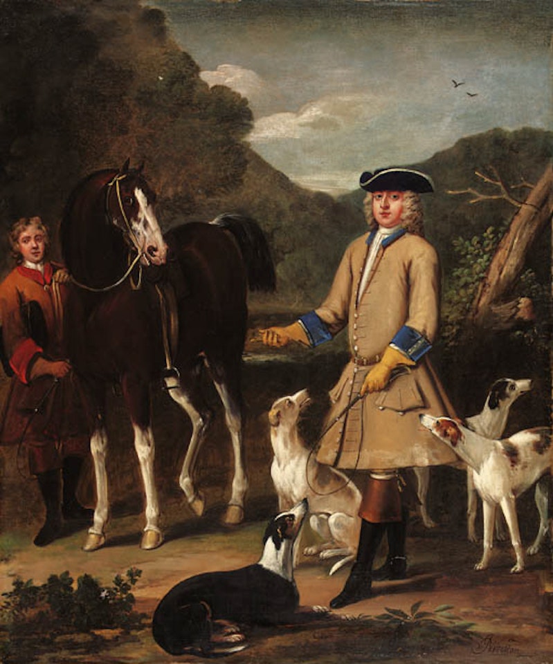 Edward, Lord Seymour, with his horse, groom and dogs in landscape by John Wootton