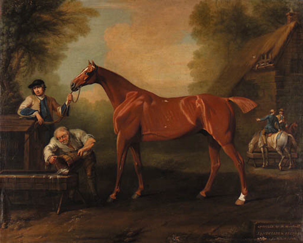 Greville - thoroughbred held by groom, with figures by barn by Ben Marshall by John Wootton