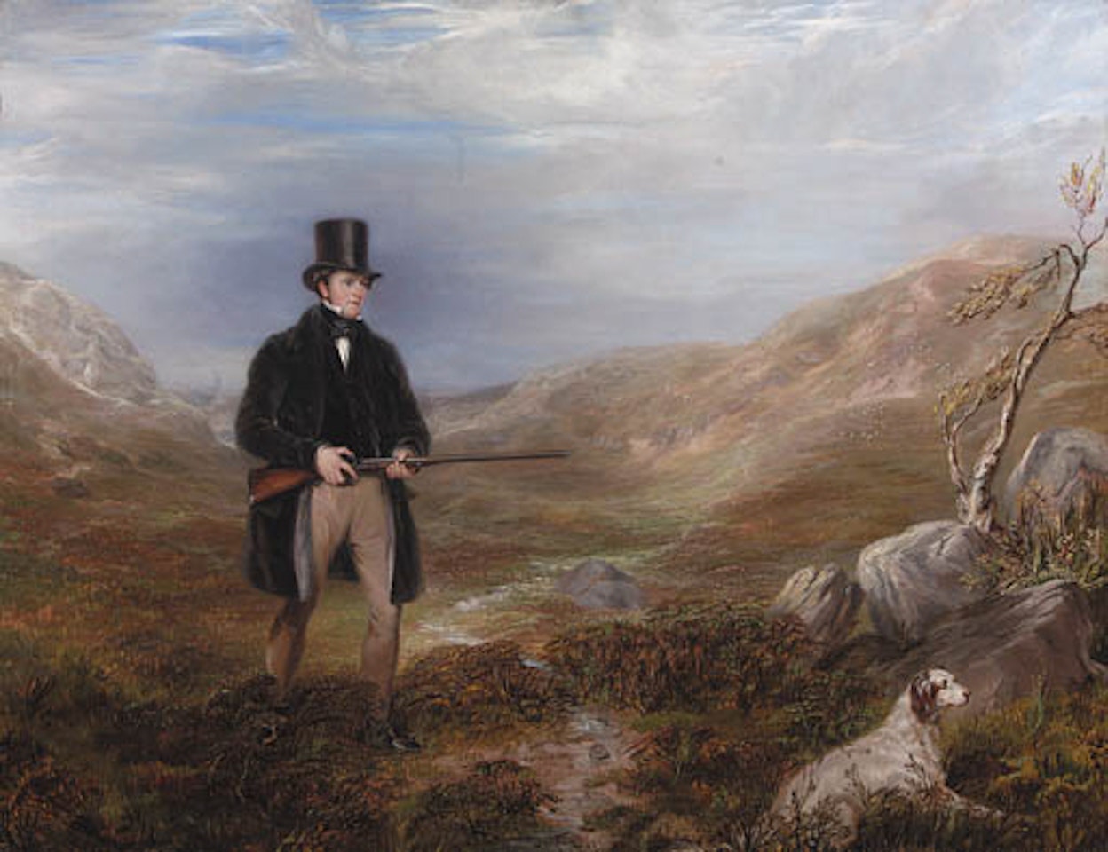 Sportsman walking up with pointer on moor by English School