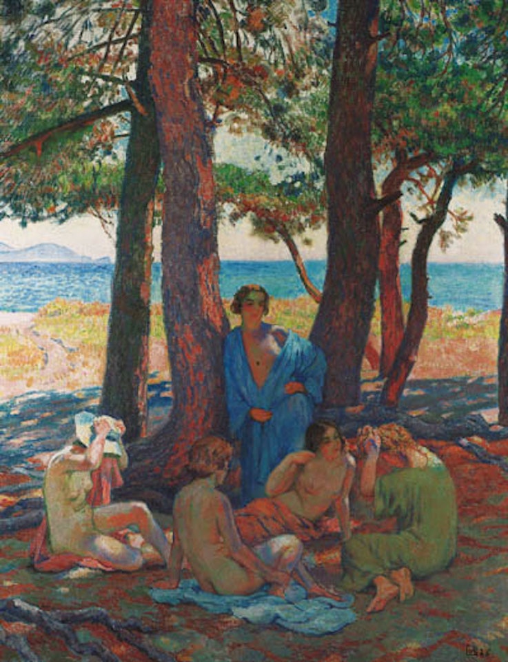 Les baigneuses sous les pins au bord de la mer by Theo van Rysselberghe