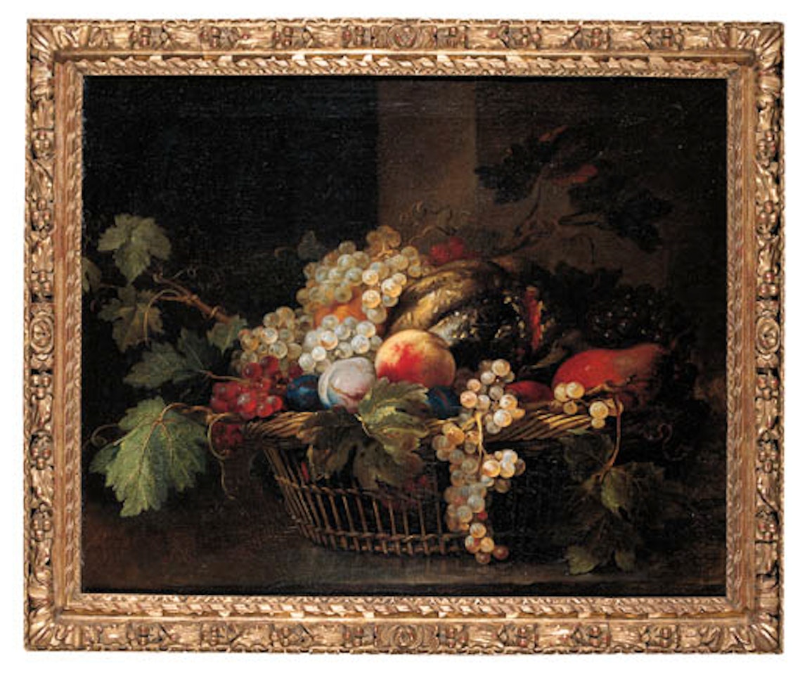 Bunches of grapes, vine leaves, watermelon, plums and other fruit in basket on ledge by Jean-Baptiste Oudry