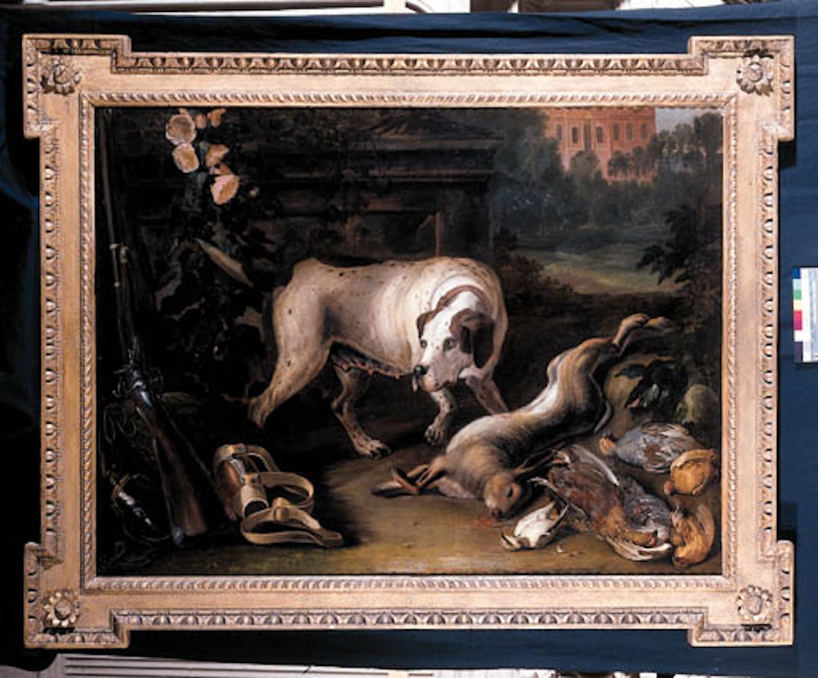 A pointer with dead hare, red grouse, partridge and quail by John Wootton