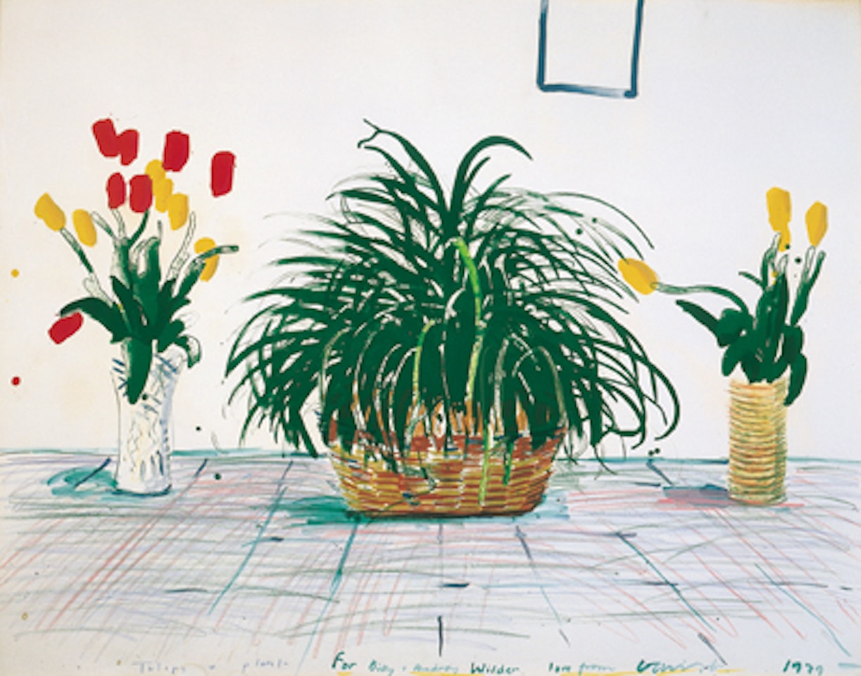 Two vases of cut flowers and a liriope plant by David Hockney