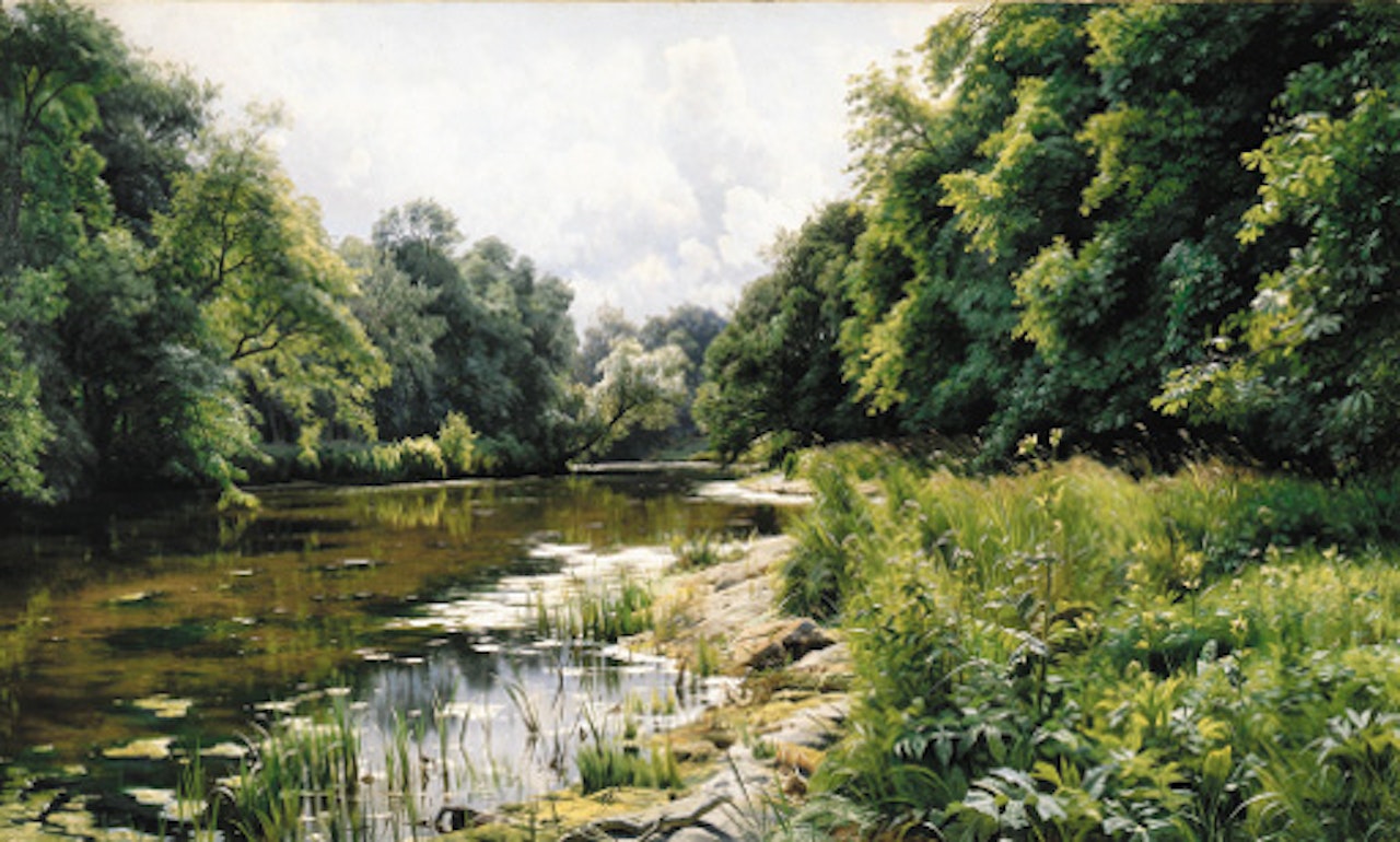 Wooded river landscape by Peder Mork Monsted
