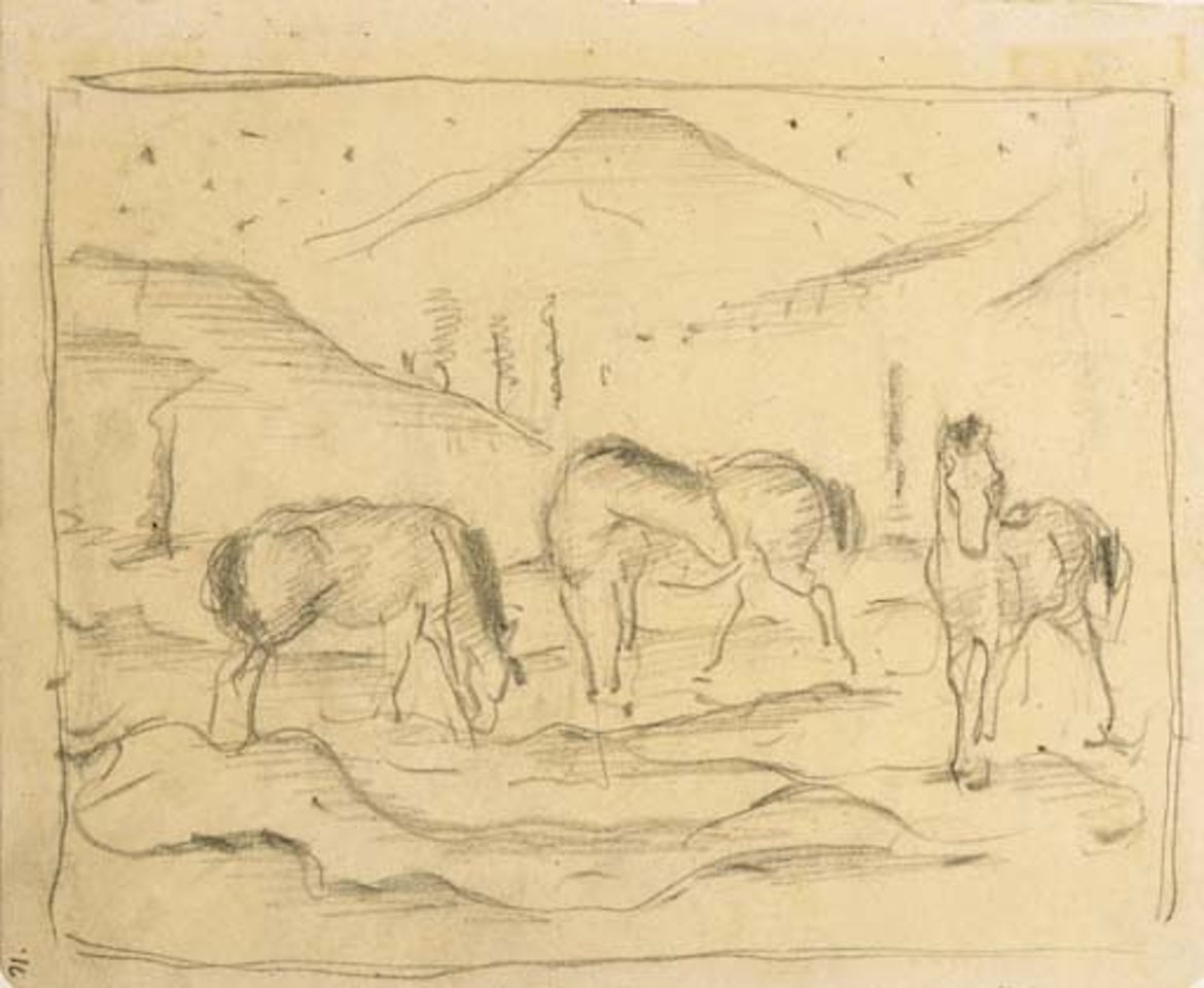 Drei pferde in hugeliger landschaft by Franz Marc