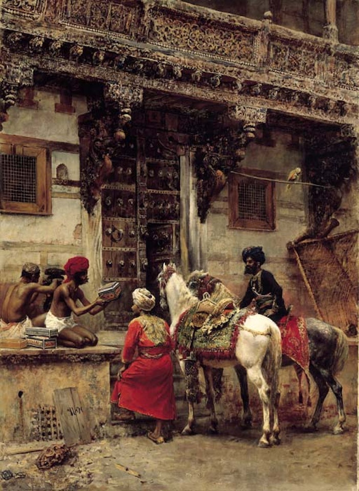Craftsman selling cases by a teak wood building by Edwin Lord Weeks