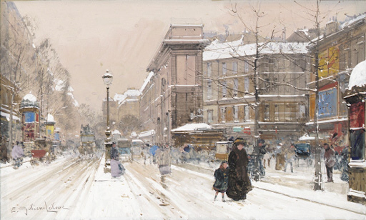Neige a la port St. Martin, Paris by Eugene Galien-Laloue
