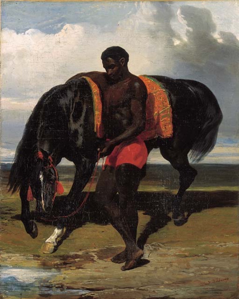Africain tenant un cheval au bord d'un mer by Alfred de Dreux