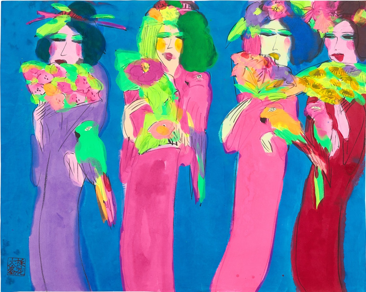 Walasse Ting 丁雄泉 | Ladies with parrots 女人與鸚鵡 by Walasse Ting