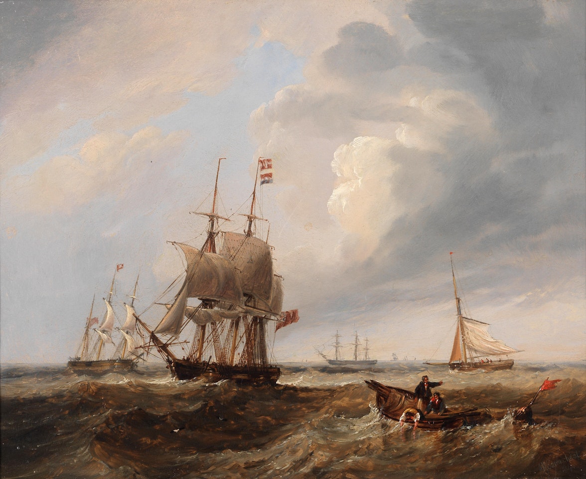 Fishing boats and shipping in a fresh breeze by John Wilson Carmichael
