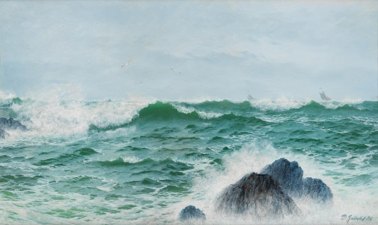 Crashing waves with boats in the distance by David James