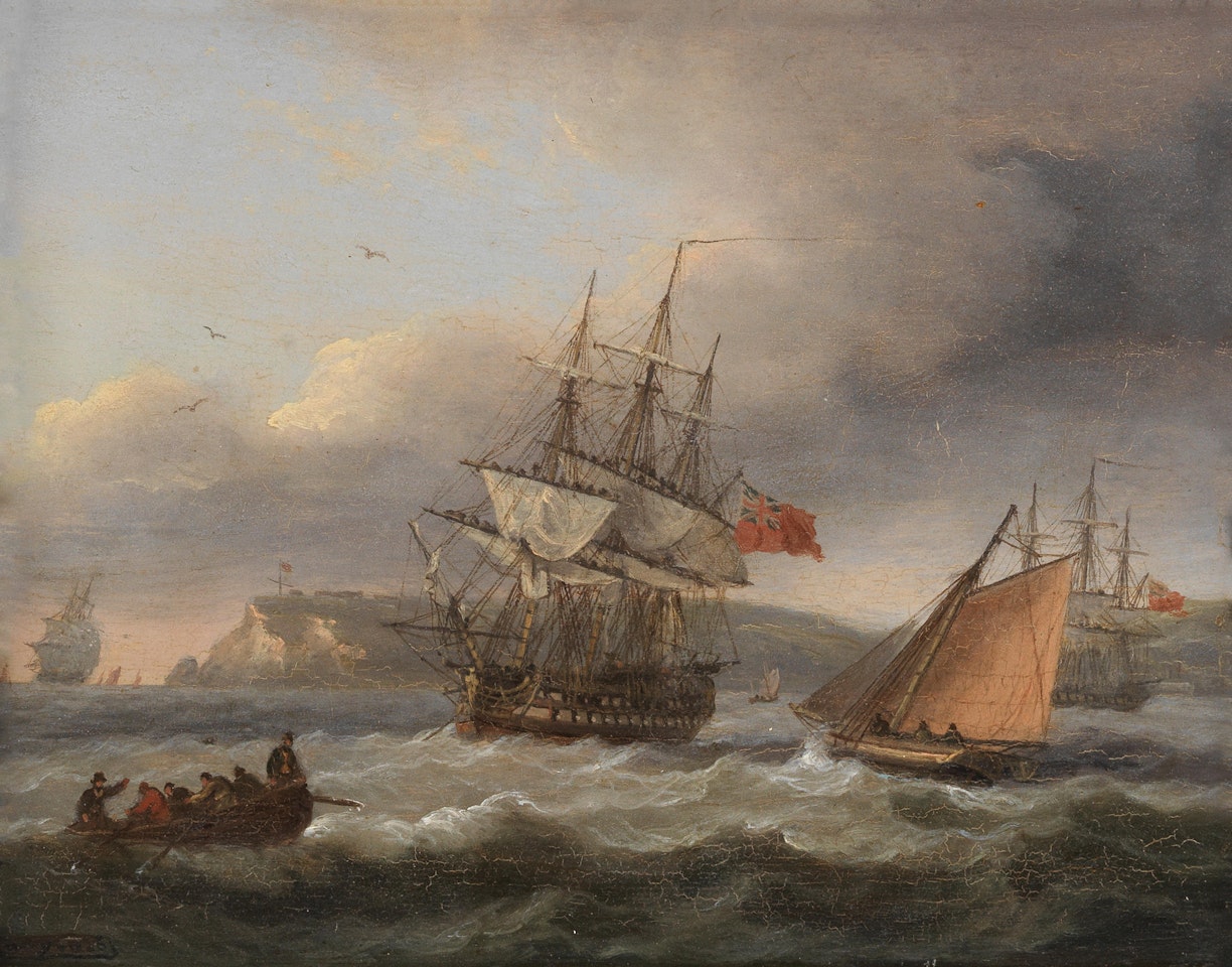 H.M.S. Bellerophon leaving Torbay with the defeated Emperor Napoleon aboard, 26th July 1815 by Thomas Luny