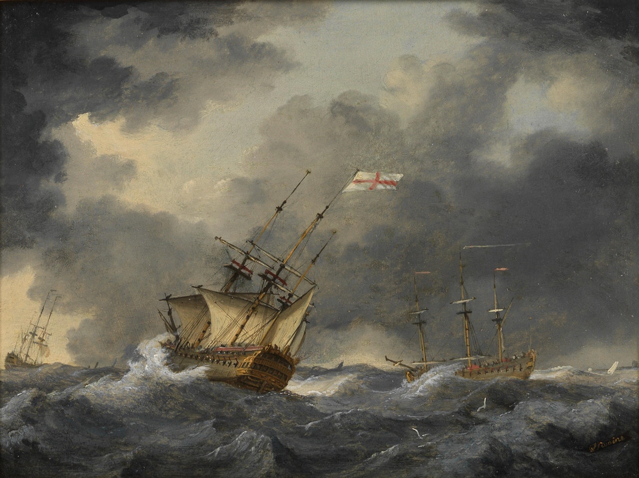 English men-o-War reefed down in heavy seas to ride out the gale by Francis Swaine