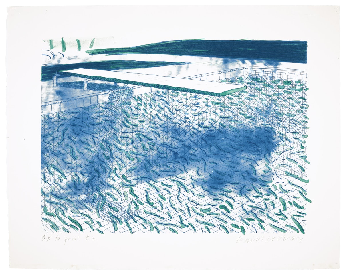 Lithograph of Water Made of Lines and a Green Wash by David Hockney