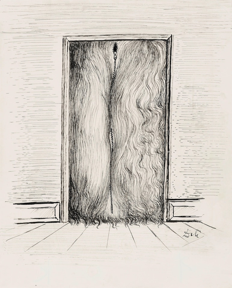 Rideau-chevelure semi-humain séparé par une fermeture éclair (Hairy half-human curtains separated by a zipper) by Salvador Dali
