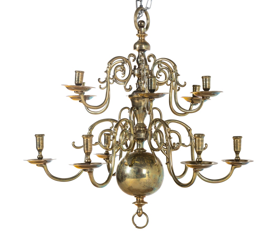 A Dutch Baroque Style Brass Twelve-Light Chandelier by Unknown (Baroque style)