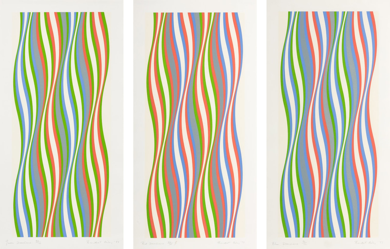 Green Dominance, Blue Dominance, Red Dominance (complete set of three) by Bridget Riley
