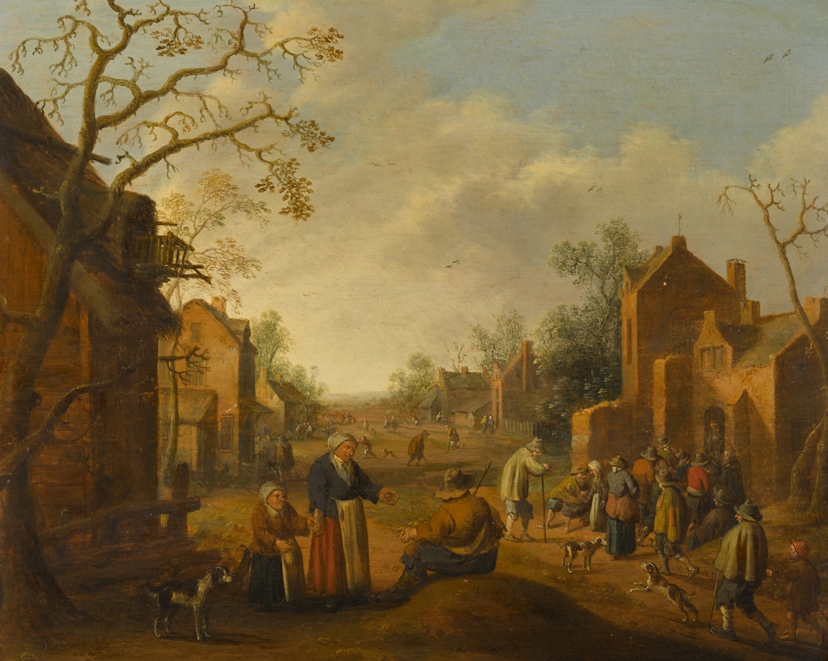 A village scene with figures begging in the foreground and others gathered around an inn by Joost Cornelisz Droochsloot