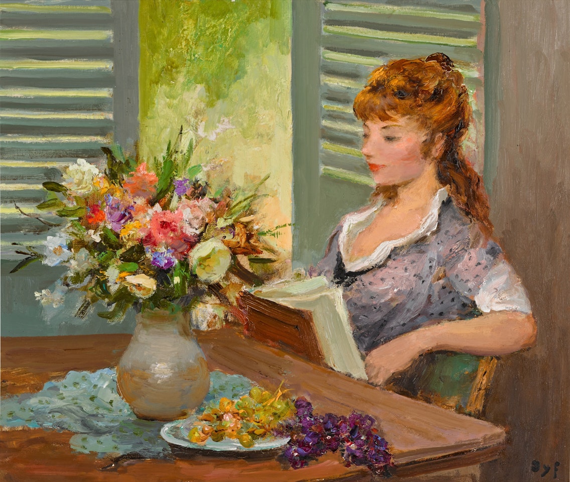 Claudine lisant devant les volets by Marcel Dyf