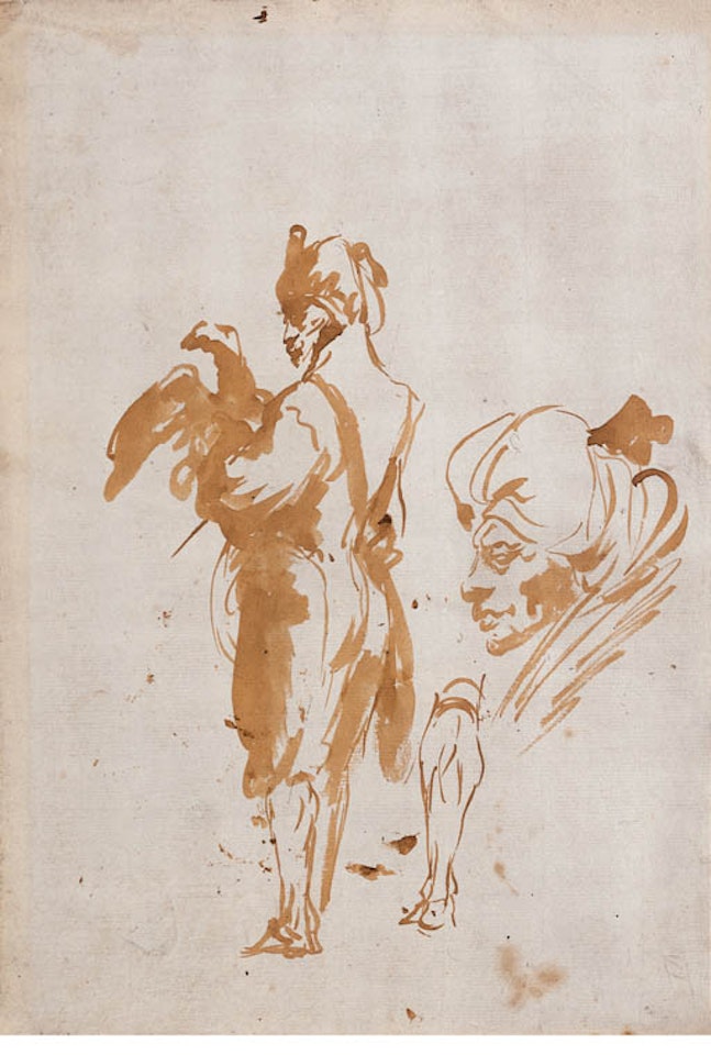 Oriental holding eagle, and subsidiary study of head and leg by Giovanni Domenico Tiepolo