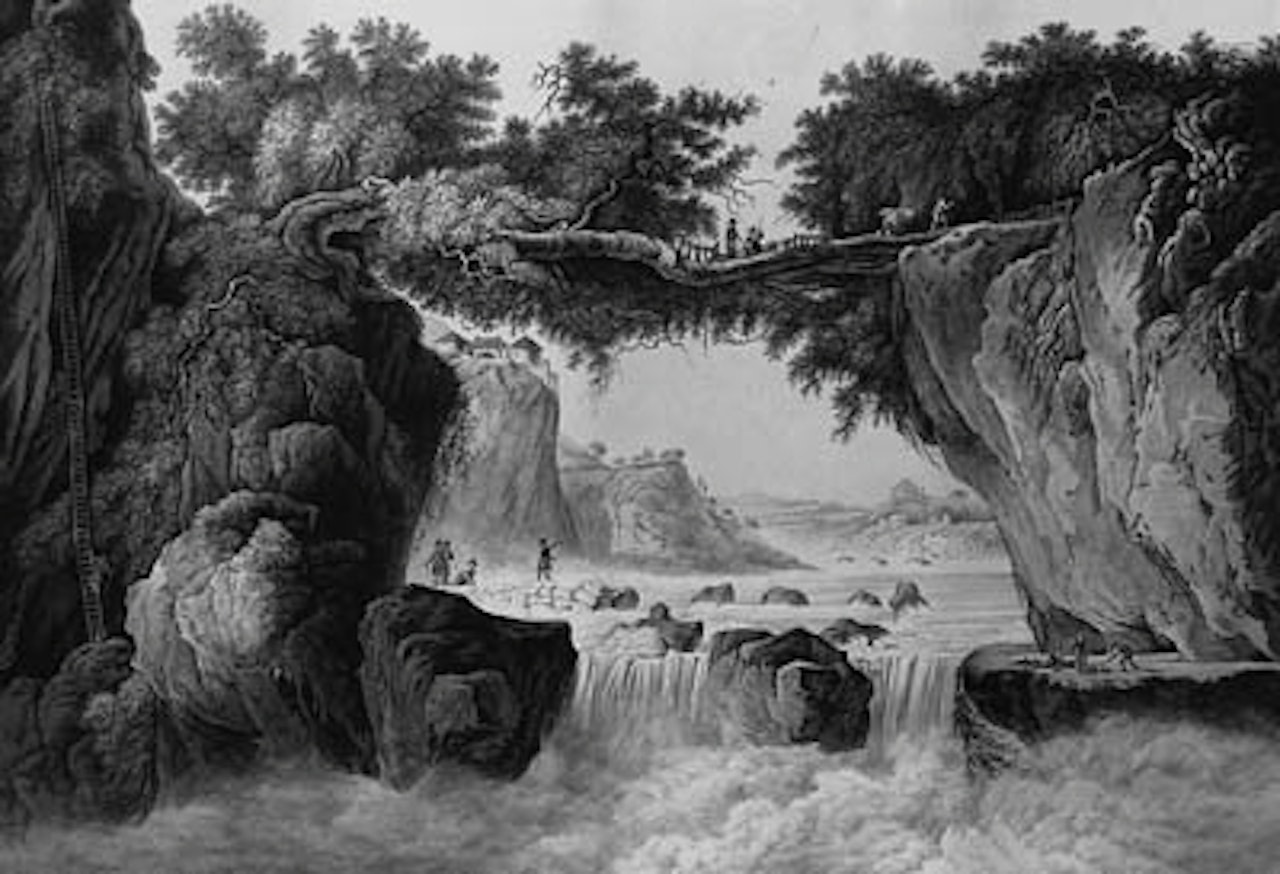 Travellers and Bearers crossing a Waterfall in a topographical Landscape by English School