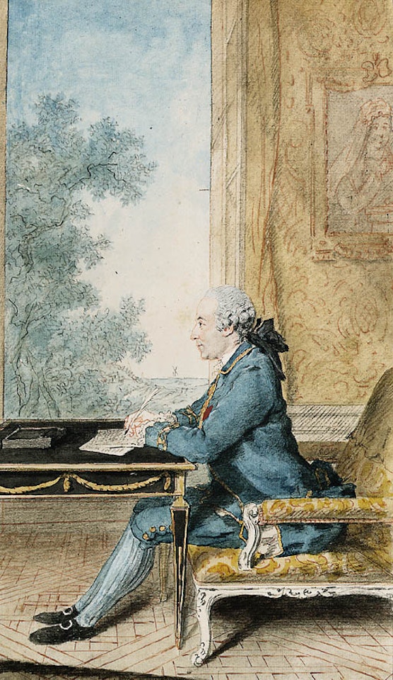 Seated gentleman writing letter at desk in front of open window by Louis Carrogis Carmontelle