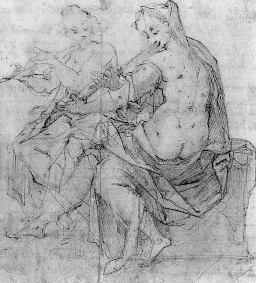 Two partly draped female nudes playing flute by Joseph Heintz the Younger