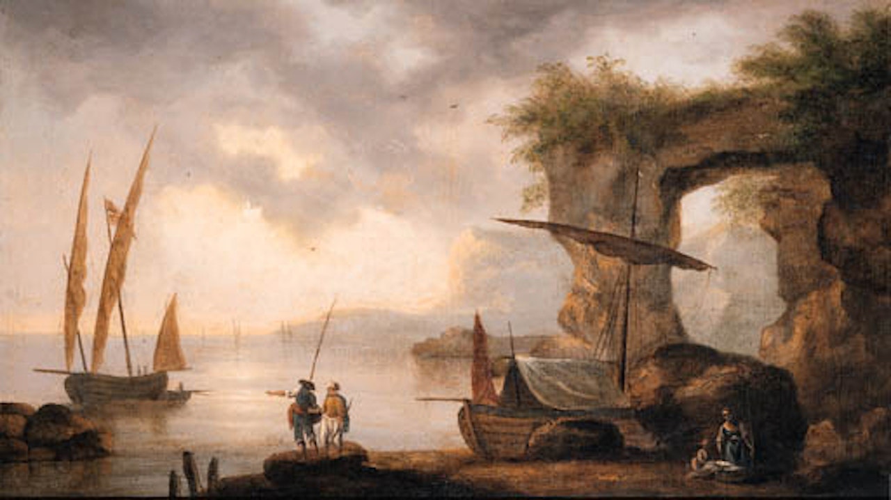 Rocky coastline with figures on the shore by Claude Joseph Vernet