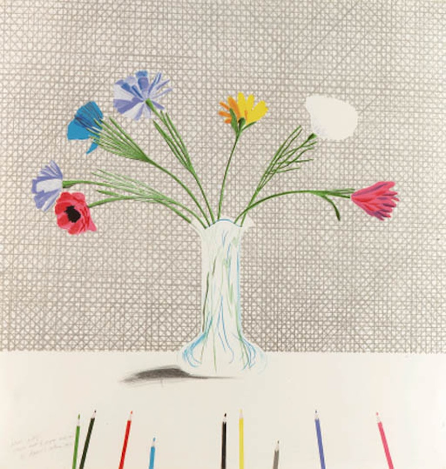 Colored flowers made of paper and ink by David Hockney