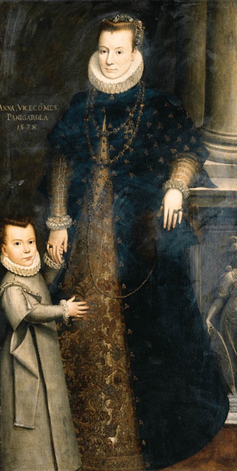 Anna, Viscountess of Panigarola beside pillar with her child by Lavinia Fontana