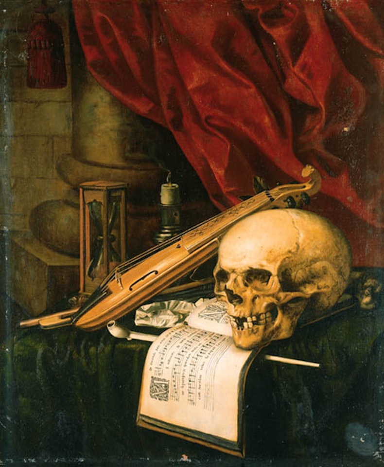 Vanitas: skull, violin, music score, pipe, hourglass by Simon Renard de Saint-Andre