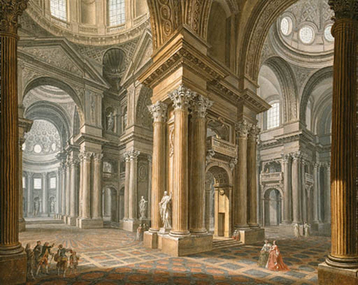 Crossing of a cathedral with ladies and gentlemen, peasants by Pierre Antoine Demachy