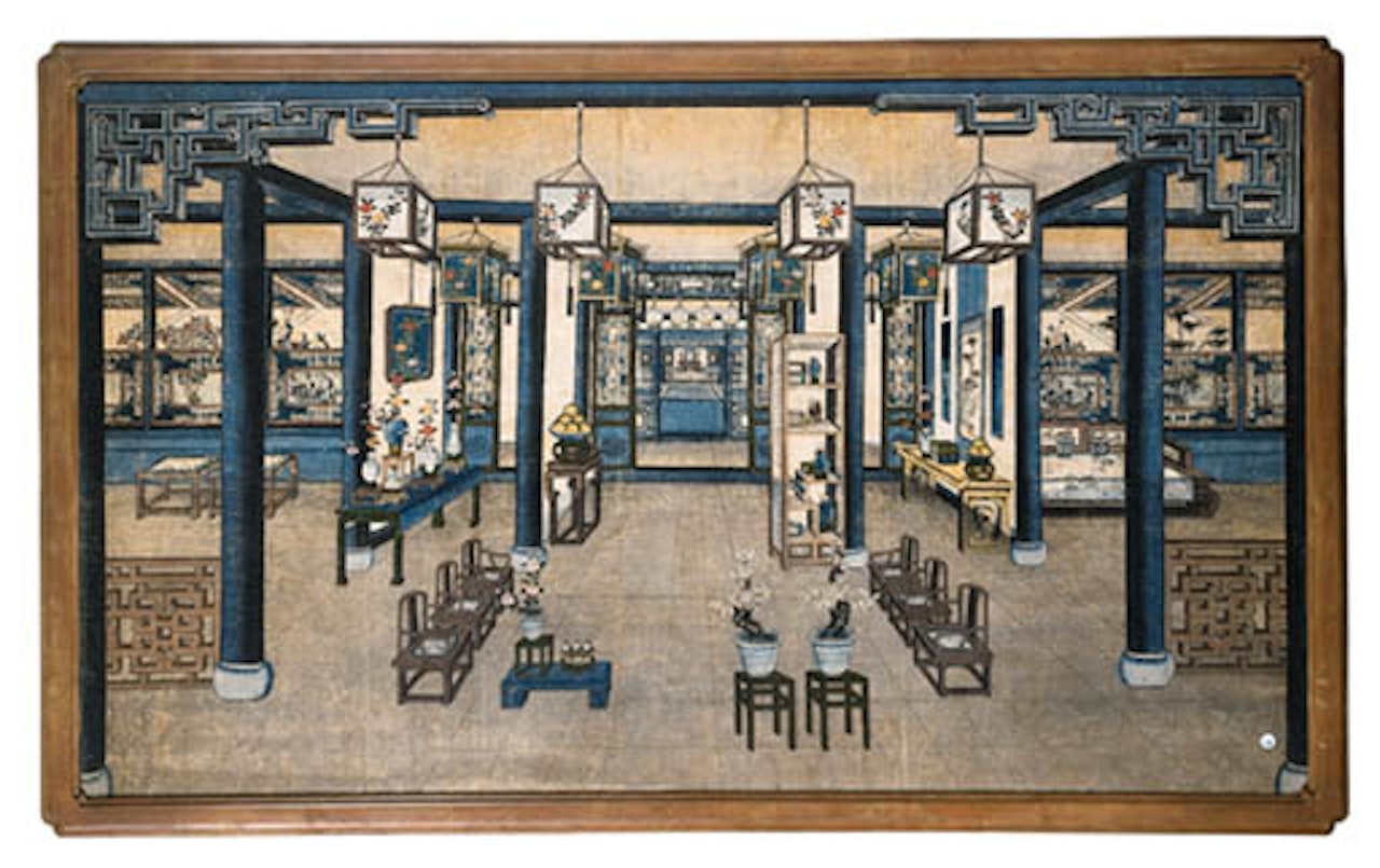 Interior of reception hall recessing into inner rooms by Chinese School