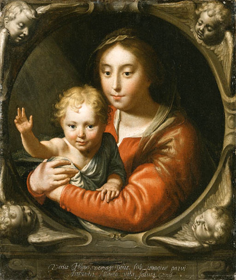 Virgin and Child in feigned stone cartouche with cherubs by Paulus Moreelse
